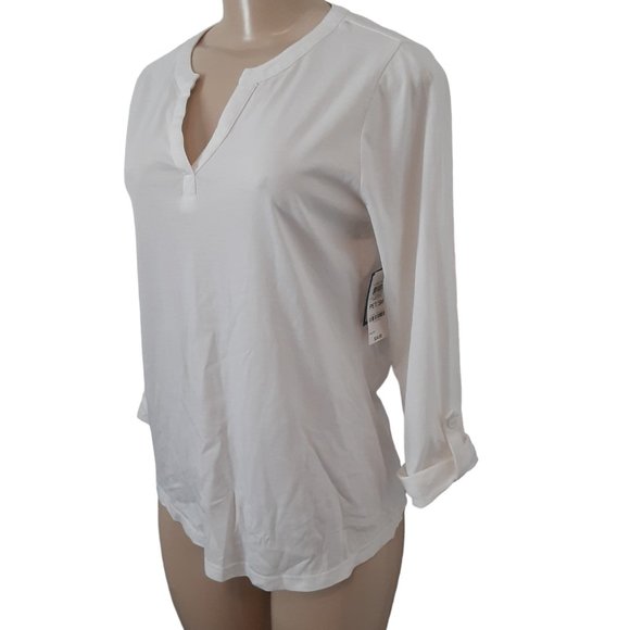 Charter Club Split Neck Bright White 100% Supima Cotton Top Roll Tab - Picture 2 of 10
